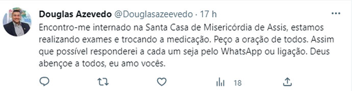 divulgação - Douglas publicou atualização sobre seu quadro de saúde - Foto: Reprodução/Twitter