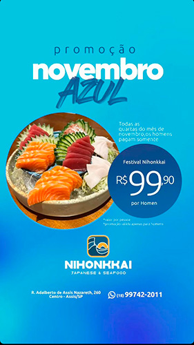 Divulgação/Nihonkkai - Restaurante Nihonkkai lança promoção em apoio a campanha do Novembro Azul - Foto Divulgação/Nihonkkai