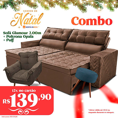 Divulgação/Sofa Inbox - Na Sofá Inbox você encontra Sofá Glamour 2,00m + Poltrona Opala + Puff por apenas 12x de R$139,90 - Foto: Divulgação/Sofá Inbox