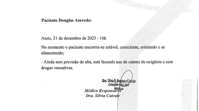 Santa Casa de Assis/Divulgação - Boletim divulgado às 16h pela Santa Casa de Assis - FOTO: Divulgação