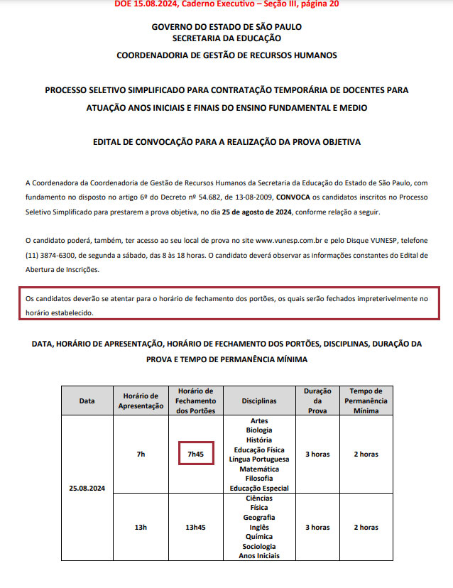 Reprodução - Confira a página do Edital que informa sobre o horário de fechamento dos portões - Foto: Reprodução