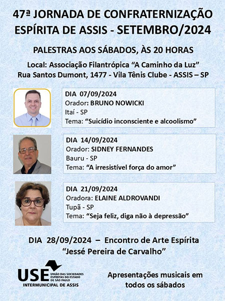 Divulgação - Confira a programação da 47ª Jornada de Confraternização Espírita de Assis - Foto: Divulgação