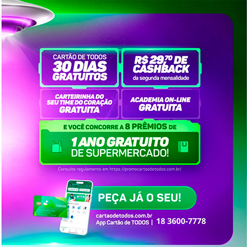 Divulgação - Durante o período promocional, entre os dias 28 e 31 de outubro, o Cartão de Todos oferece adesão e primeira mensalidade gratuitas, além de um cashback de R$ 29,70 na segunda mensalidade - Foto: Divulgação